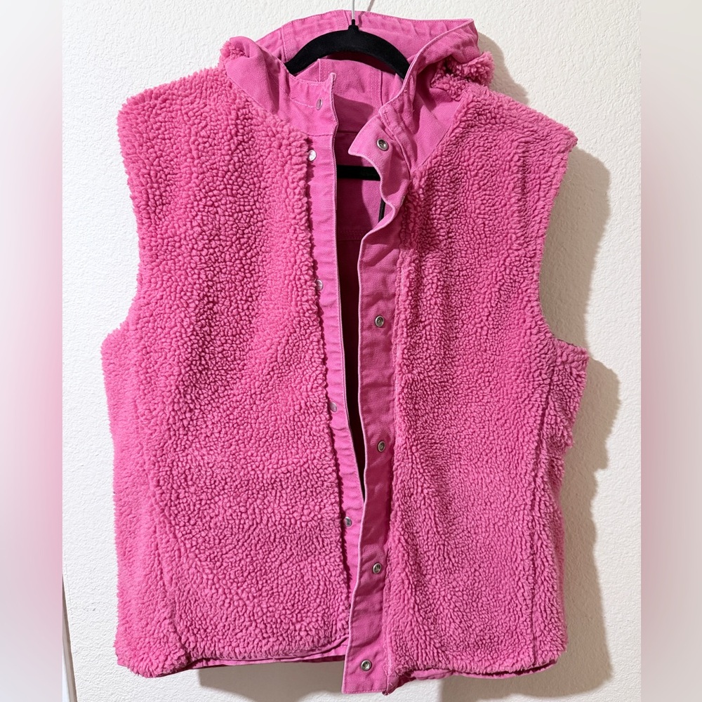Carhartt Women’s Pink Hooded Sherpa Lined Vest Large Snap Front - Picture 6 of 10